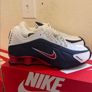 Nike Men's Air Shox USA 2025 White and Navy Athletic Shoes with Red Accents